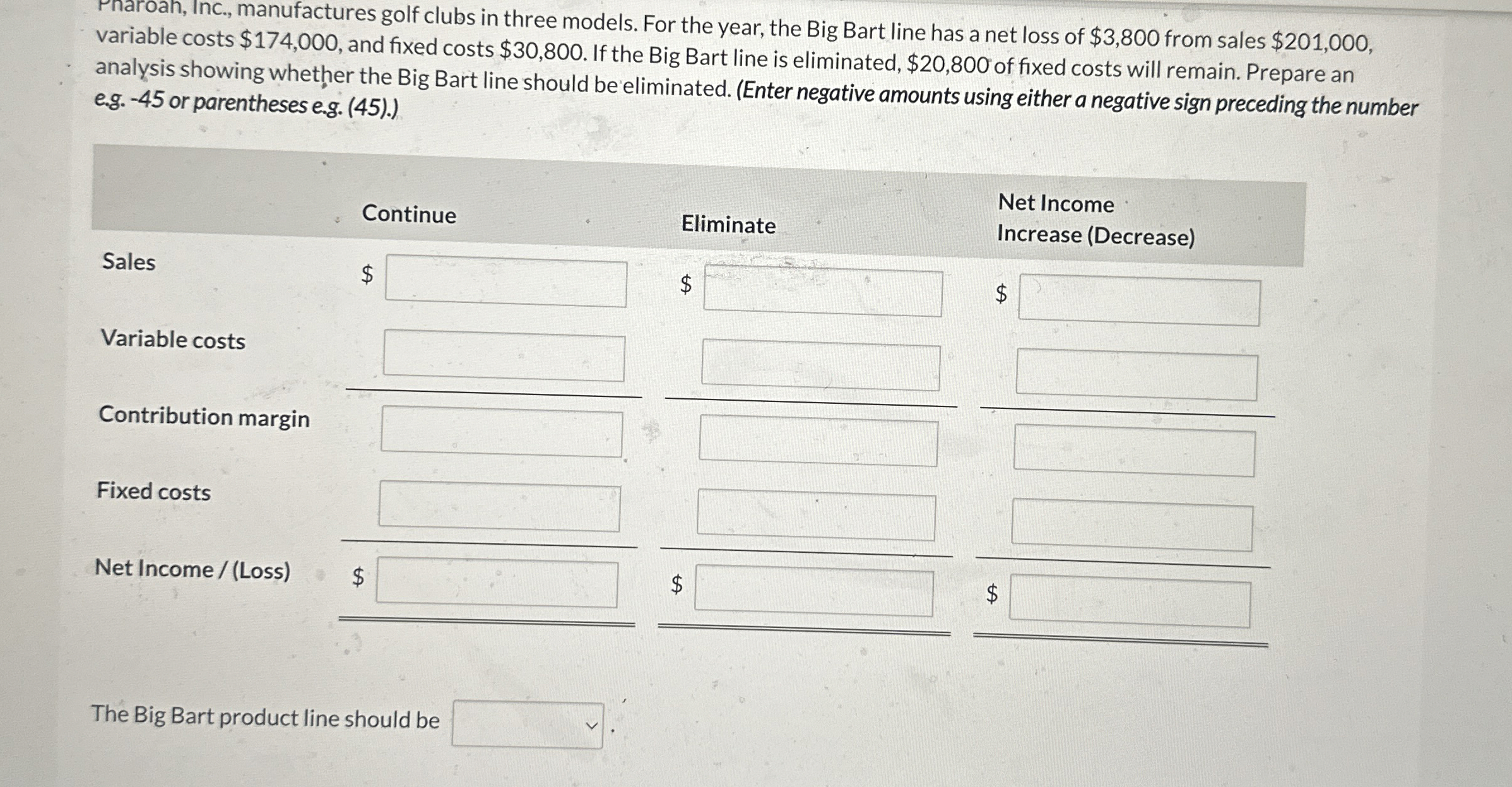  variable costs $174,000, and fixed costs $30,800. If the Big Bart