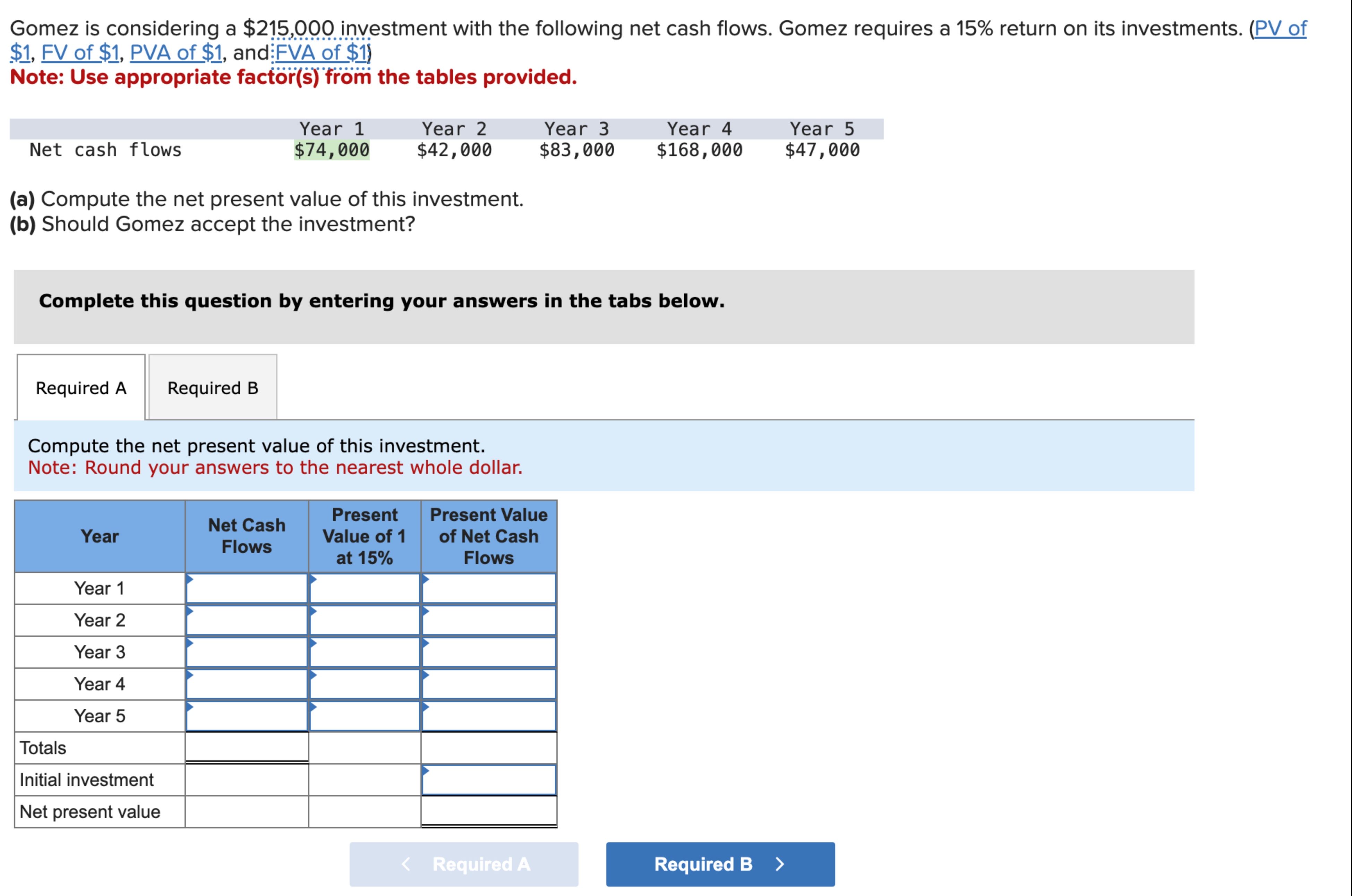  Gomez is considering a $215,000 investment with the following net cash