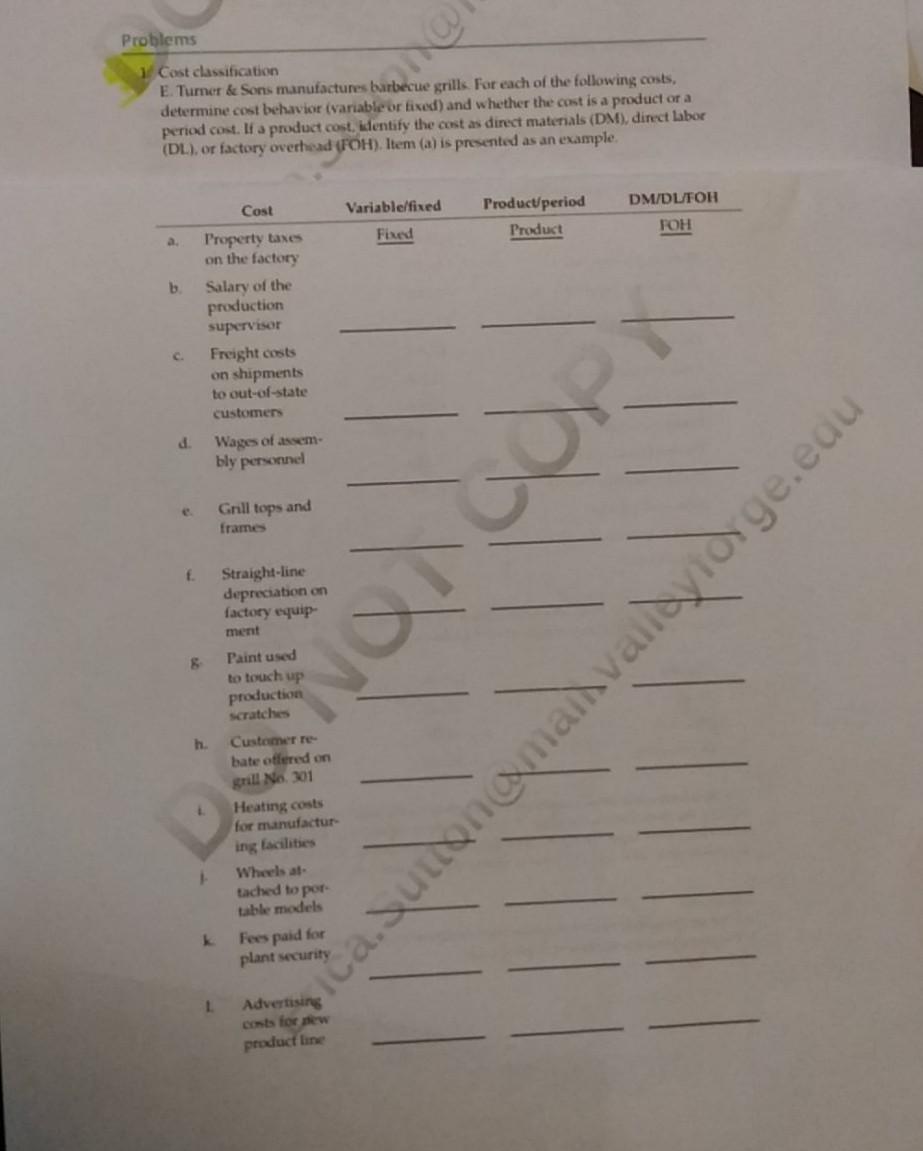 Problems 1 Cost classification E. Turner & Sons manufactures barbecue grills