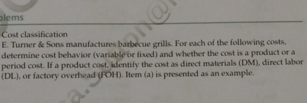 for each of the following costs, determine cost behavior (variable or fixed)
