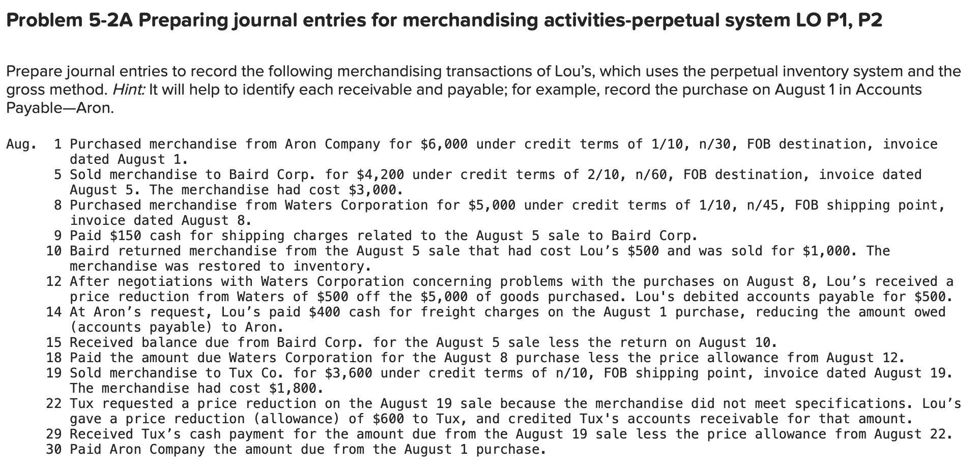  Problem 5-2A Preparing journal entries for merchandising activities-perpetual system LO P1,