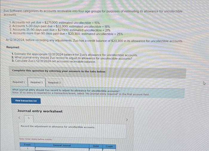  Software categorizes its accounts receivable into four age groups for purposes