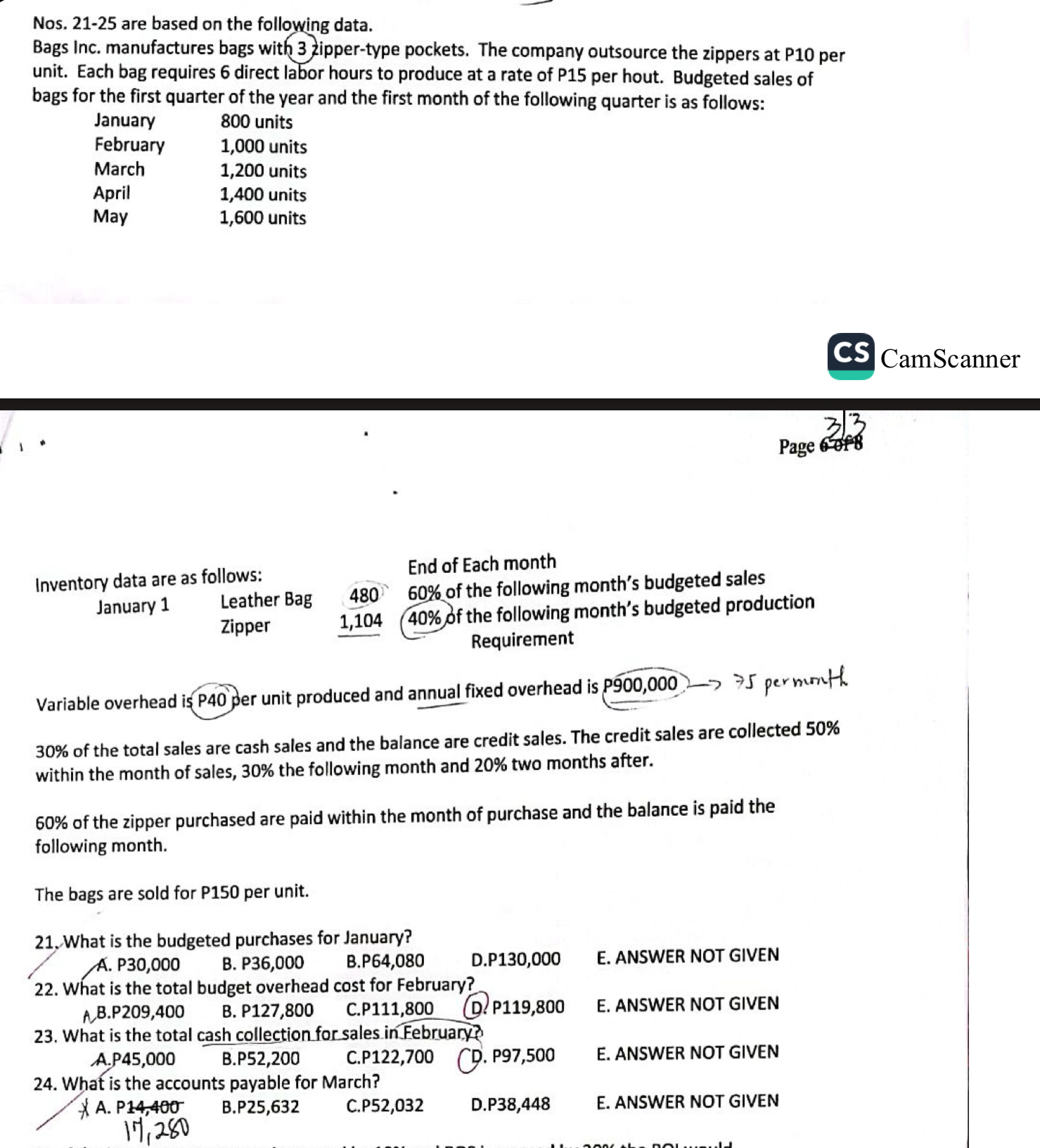  Nos. 21-25 are based on the following data. Bags Inc. manufactures