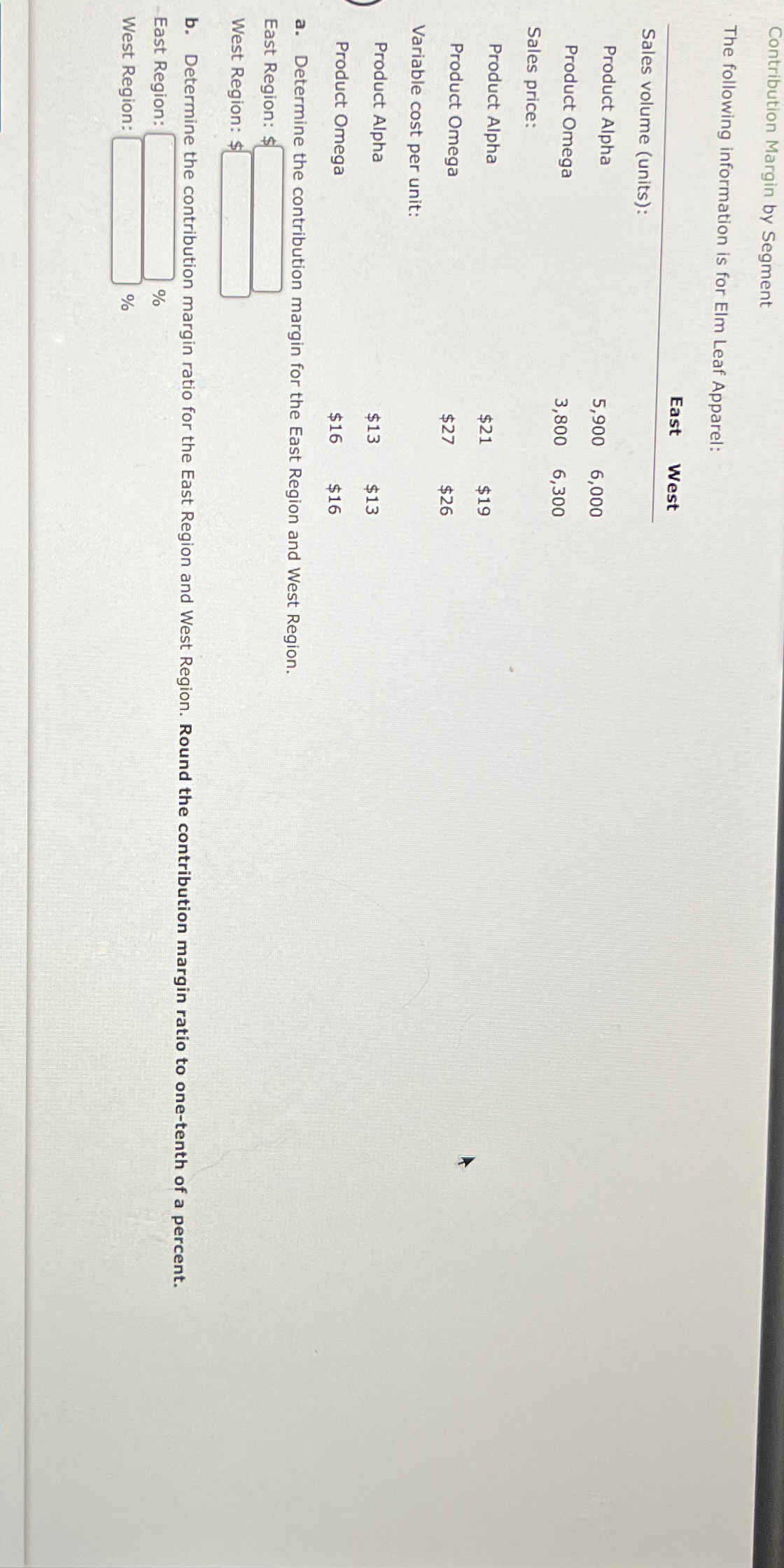  Contribution Margin by Segment The following information is for Elm Leaf