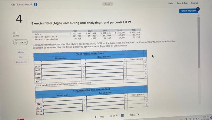  Exercise 13-3 (Algo) Computing and analyzing trend percents LO P1 Compute