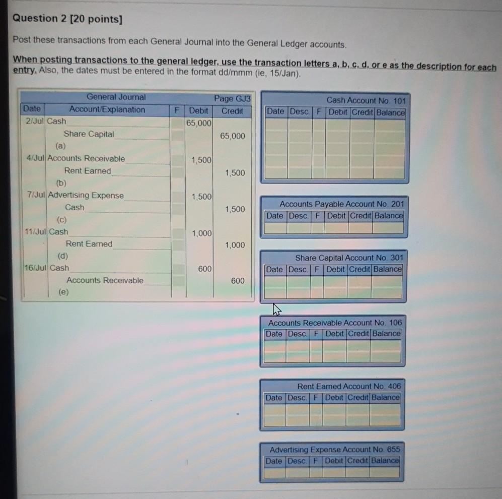  Question 2 [20 points) Post these transactions from each General Journal