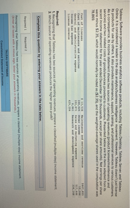  Tableau Software provides business analytics software products, including Tableau Desktop, Tableau