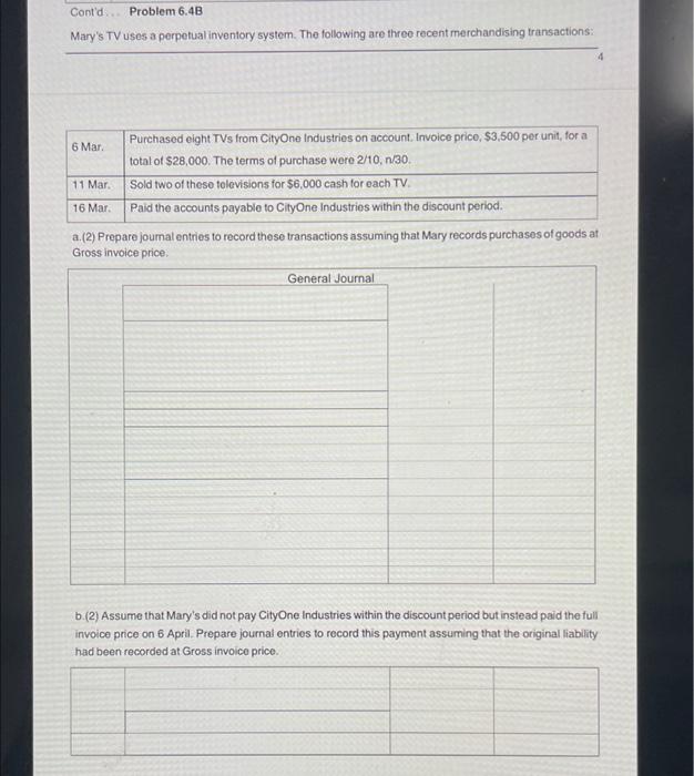  Cont'd. Problem 6.4B Mary's TV uses a perpetual inventory system. The