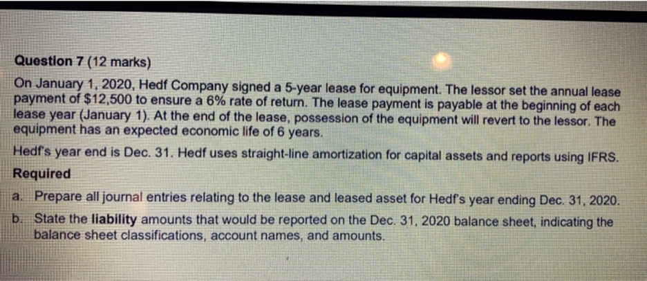  Question 7(12 marks) On January 1,2020, Hedf Company signed a 5-year