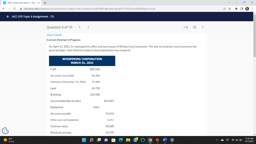 Please show your work on how to solve for inventory fire