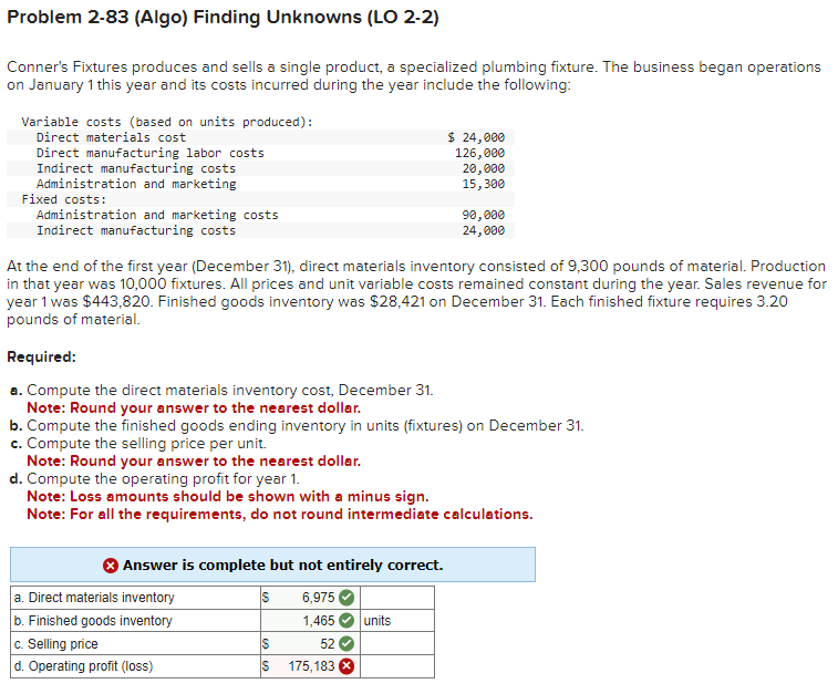  Problem 2-83(Algo) Finding Unknowns (LO 2-2) Conner's Fixtures produces and sells