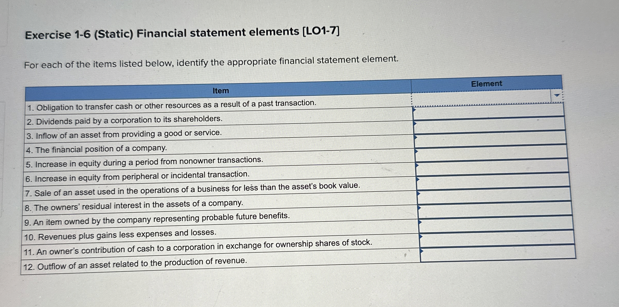  Exercise 1-6(Static) Financial statement elements [LO1-7] For each of the items