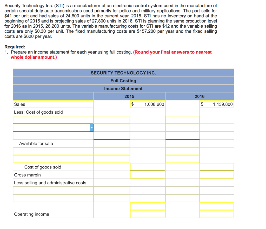 Please help with explanations Security Technology Inc. (STI) is a manufacturer