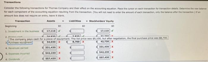 Consider the following transactions for Thomas Company and their effect on the