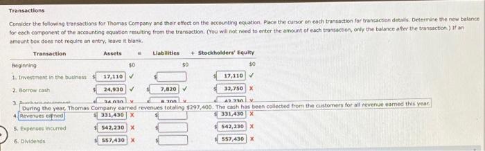 accounting equation. Place the cursor on each transaction for transaction details. Determine