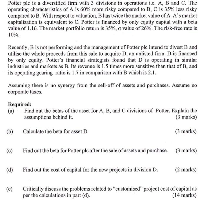  Please answer as soon as possible. Subject : Cooparate Finance Potter