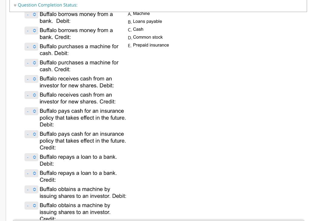  C. Cash Question Completion Status: Buffalo borrows money from a A