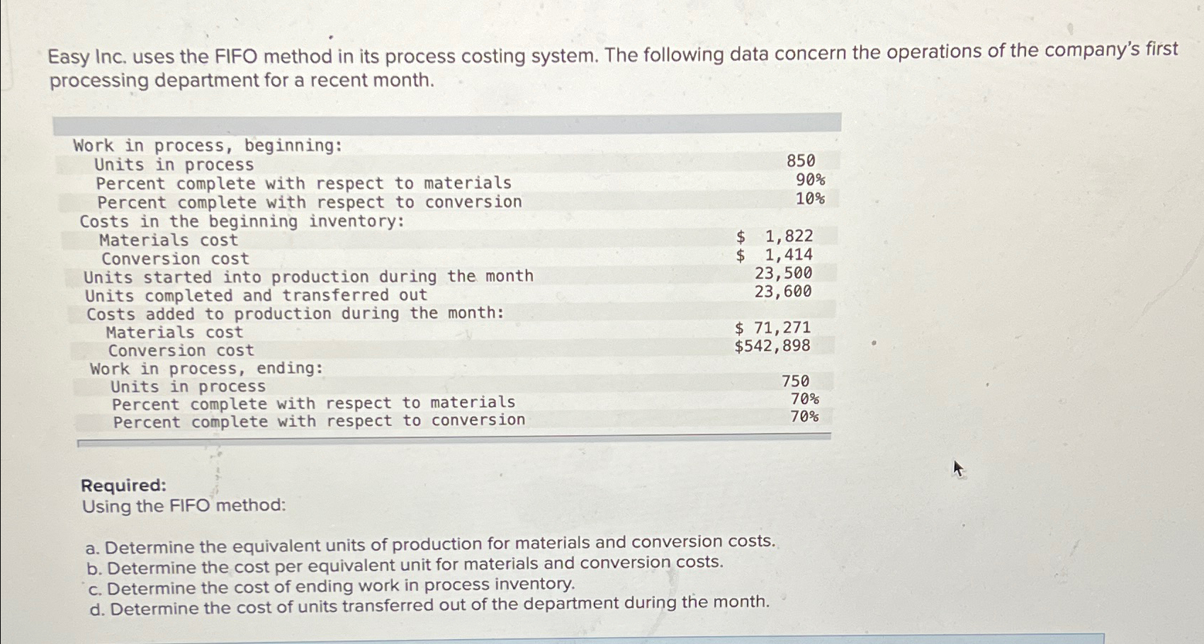  Easy Inc. uses the FIFO method in its process costing system.