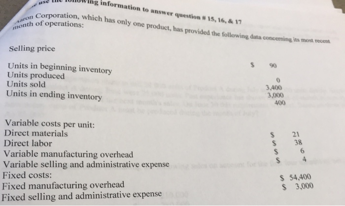  use the Wing information to answer question # 15, 16, &