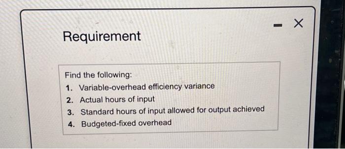  Requirement Find the following: 1. Variable-overhead efficiency variance 2. Actual hours