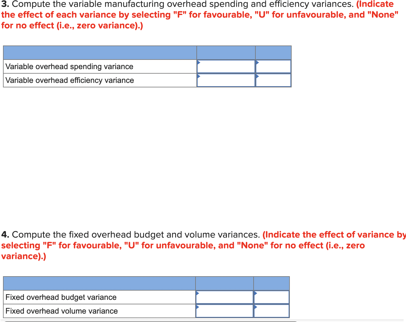 the effect of each variance by selecting "F" for favourable, "U" for