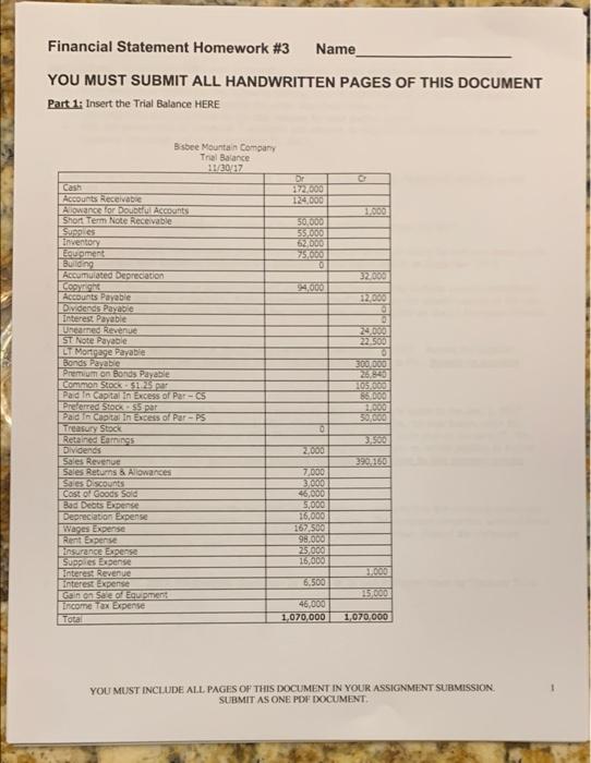  Financial Statement Homework #3 Name YOU MUST SUBMIT ALL HANDWRITTEN PAGES