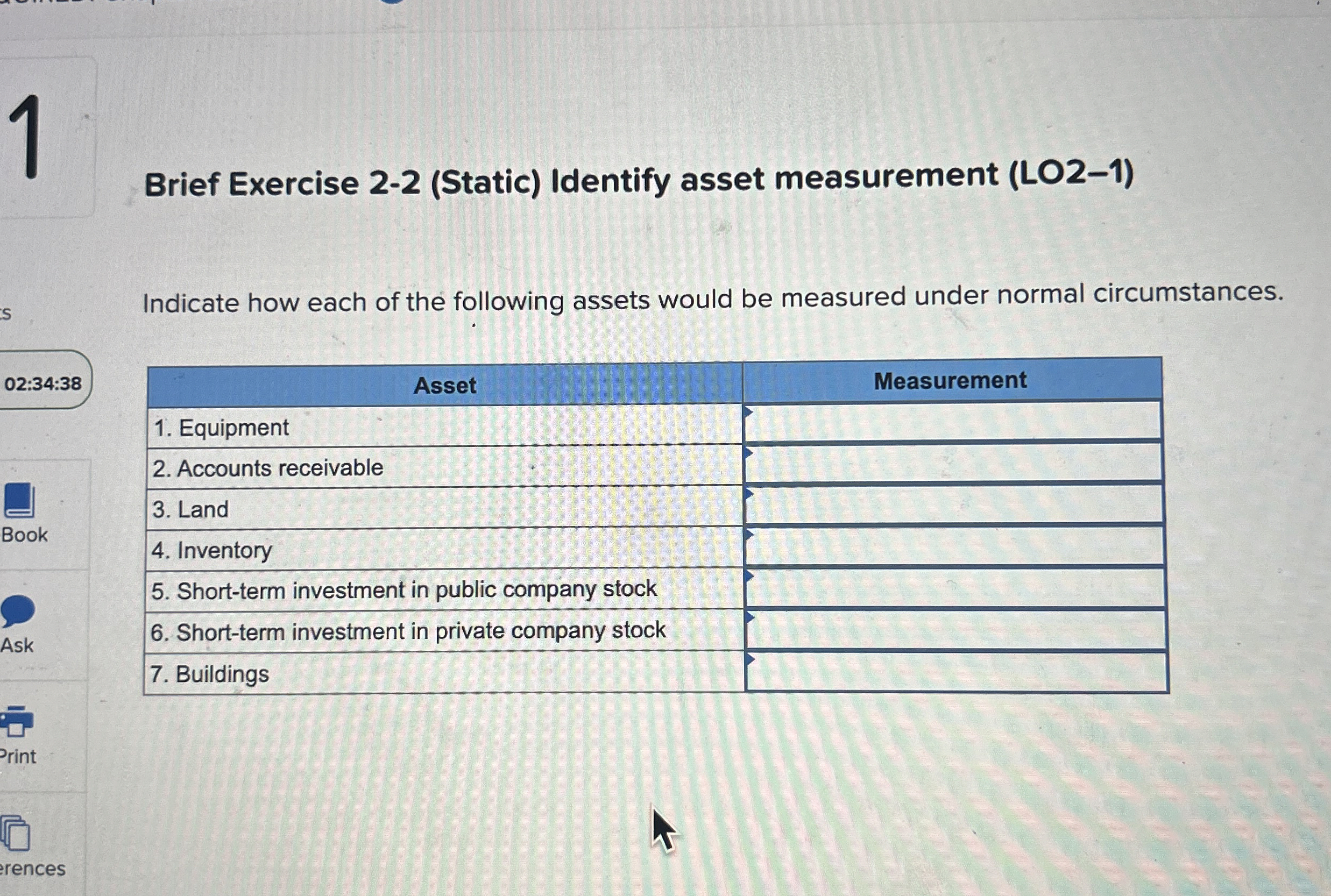  Brief Exercise 2-2(Static) Identify asset measurement (LO2-1) Indicate how each of