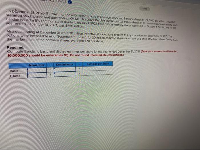  Draft 3 On Dzember 31, 2020, Berclair Inc had 480 milion