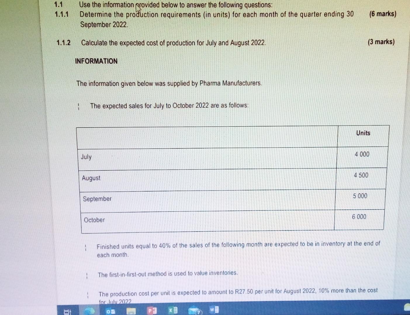 1.1 1.1.1 Use the information provided below to answer the following