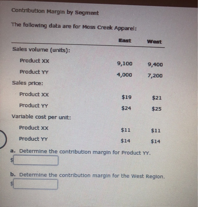  Contribution Margin by Segment The following data are for Moss Creek