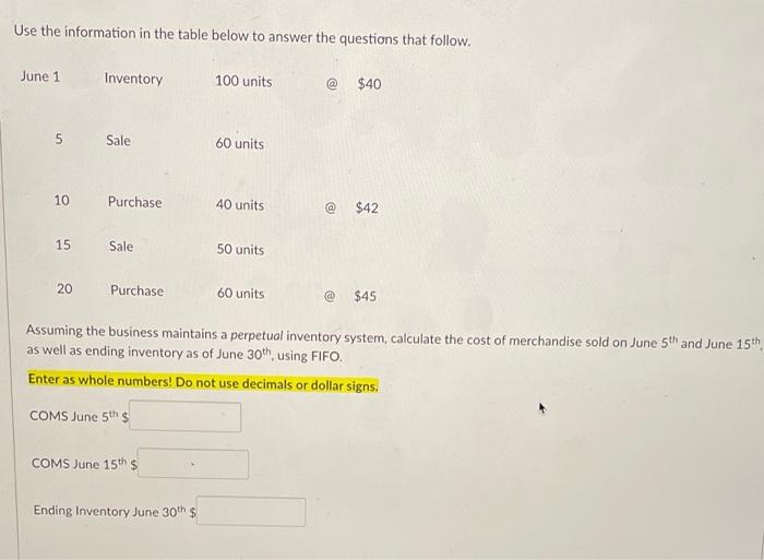 Please solve this Use the information in the table below to answer