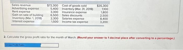 has the following amounts for the month of March 2018. Required: 1.