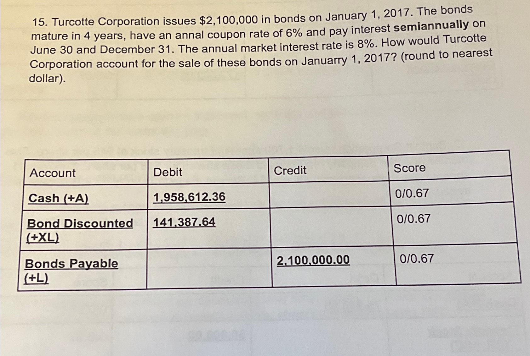  Turcotte Corporation issues $2,100,000 in bonds on January 1,2017. The bonds