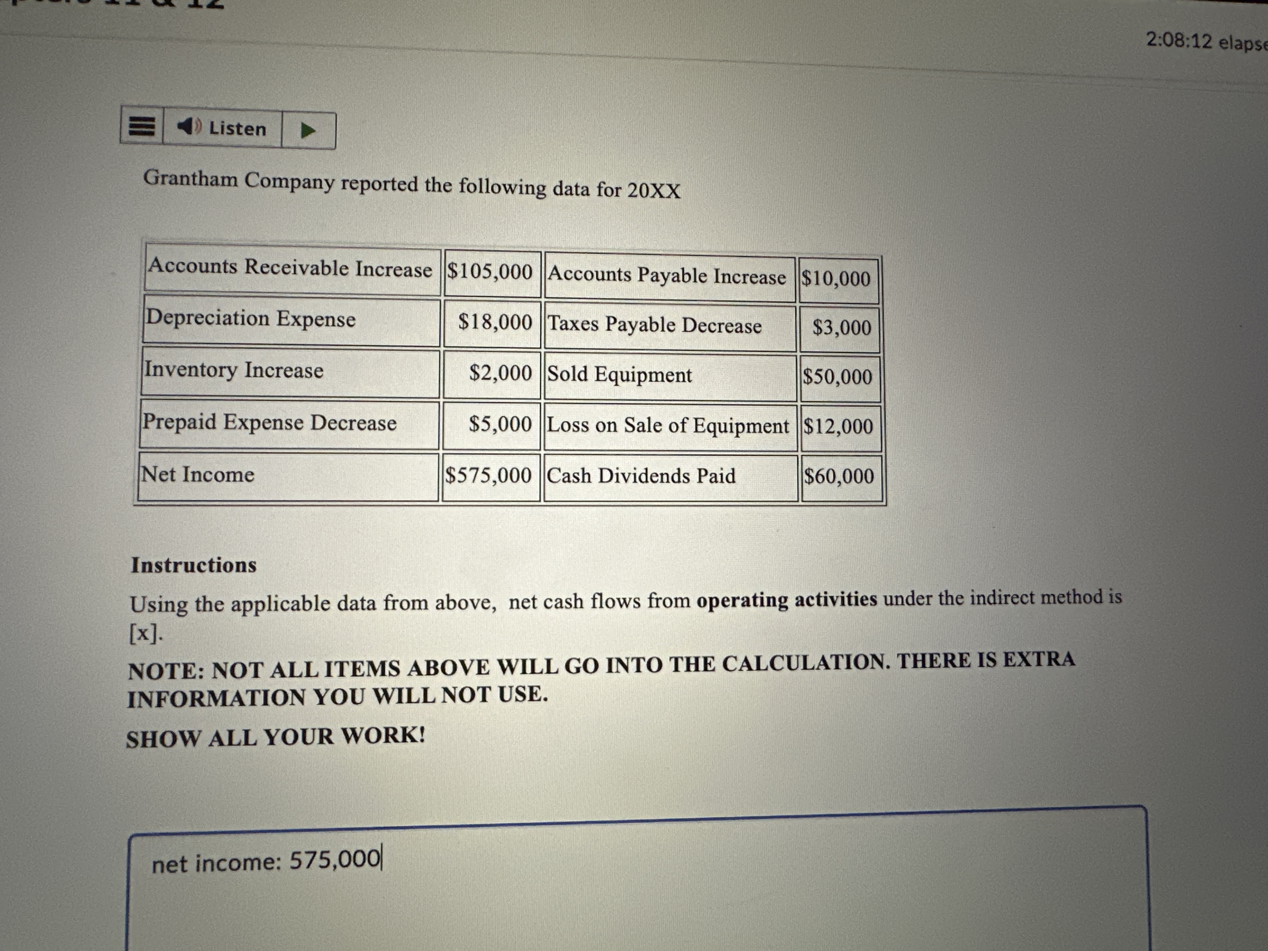  net cash flows from operating activies under the indirect method is