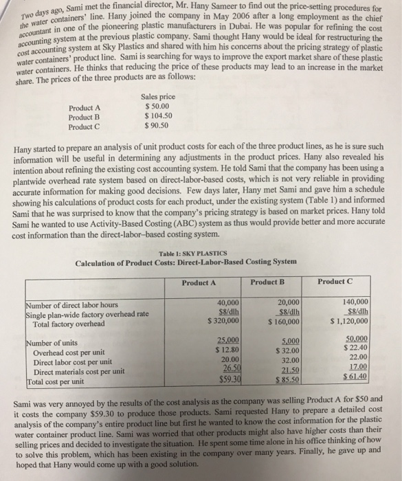 of Sky Plastics, was studying a schedule showing the product costs for