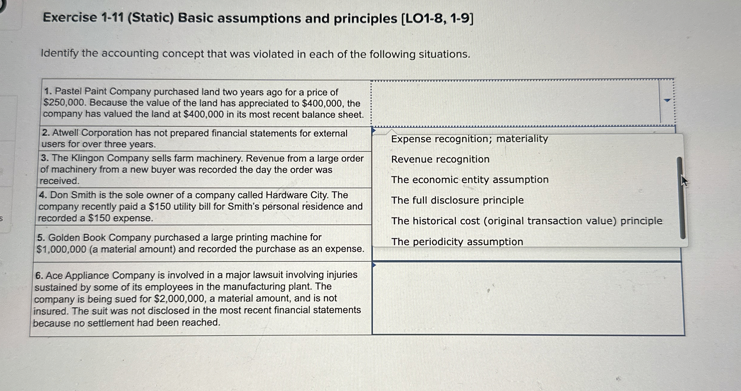  Exercise 1-11(Static) Basic assumptions and principles [LO1-8,1-9] Identify the accounting concept