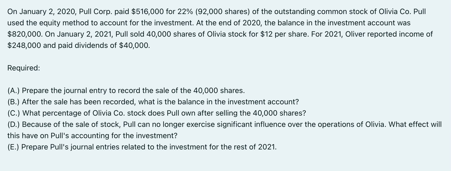  On January 2,2020, Pull Corp. paid $516,000 for 22%(92,000 shares) of