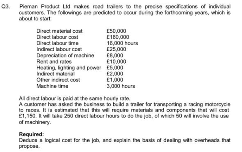 Q3. Pieman Product Ltd makes road trailers to the precise specifications