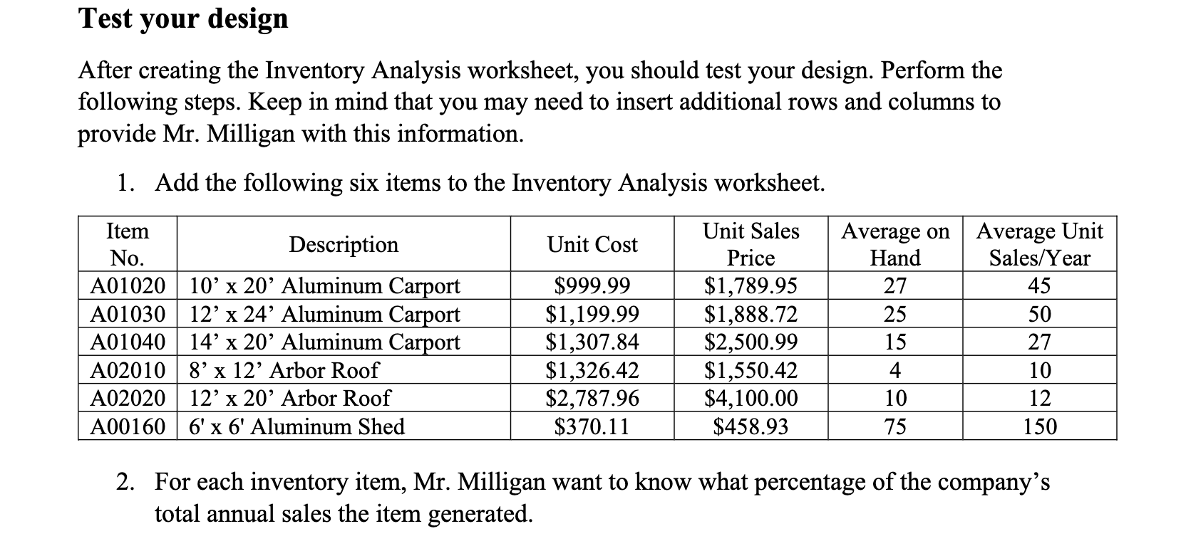 manages his inventory. Mr. Milligan requests your help in preparing an Inventory