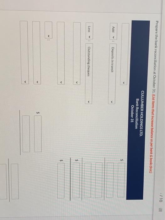 a cash balance of $14,096 as at October 31. Cullumber's general ledger