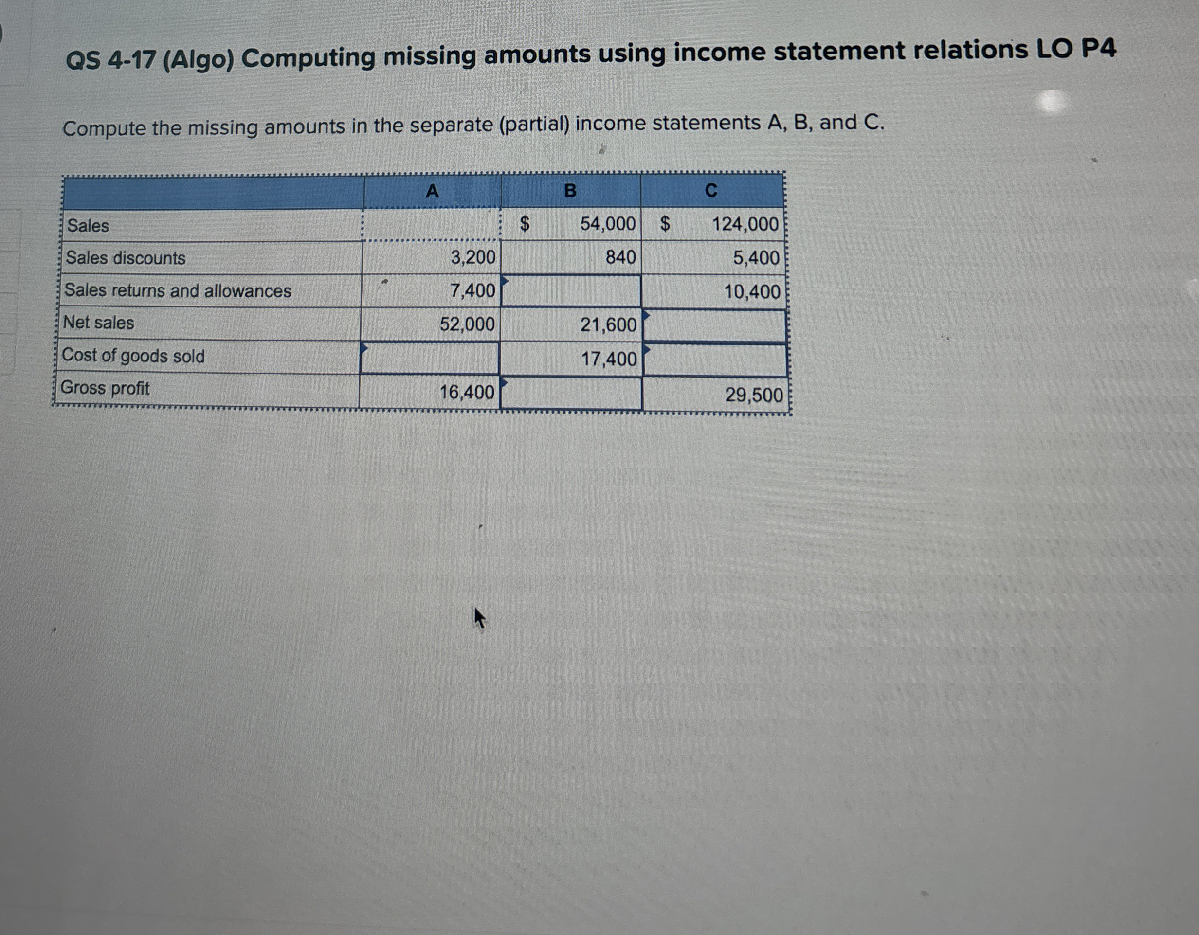  QS 4-17(Algo) Computing missing amounts using income statement relations LO P4