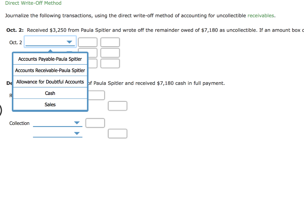 method of accounting for uncollectible receivables Oct. 2: Received $3,250 from Paula
