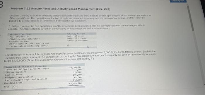 sol Problem 7-22 Activity Rates and Activity-Based Management (LO2, LO3] Onassis Catering