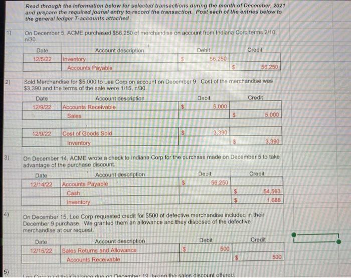  Read through the information below for selected transactions during the month