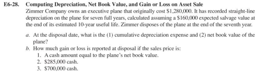 E6-28. Computing Depreciation, Net Book Value, and Gain or Loss on