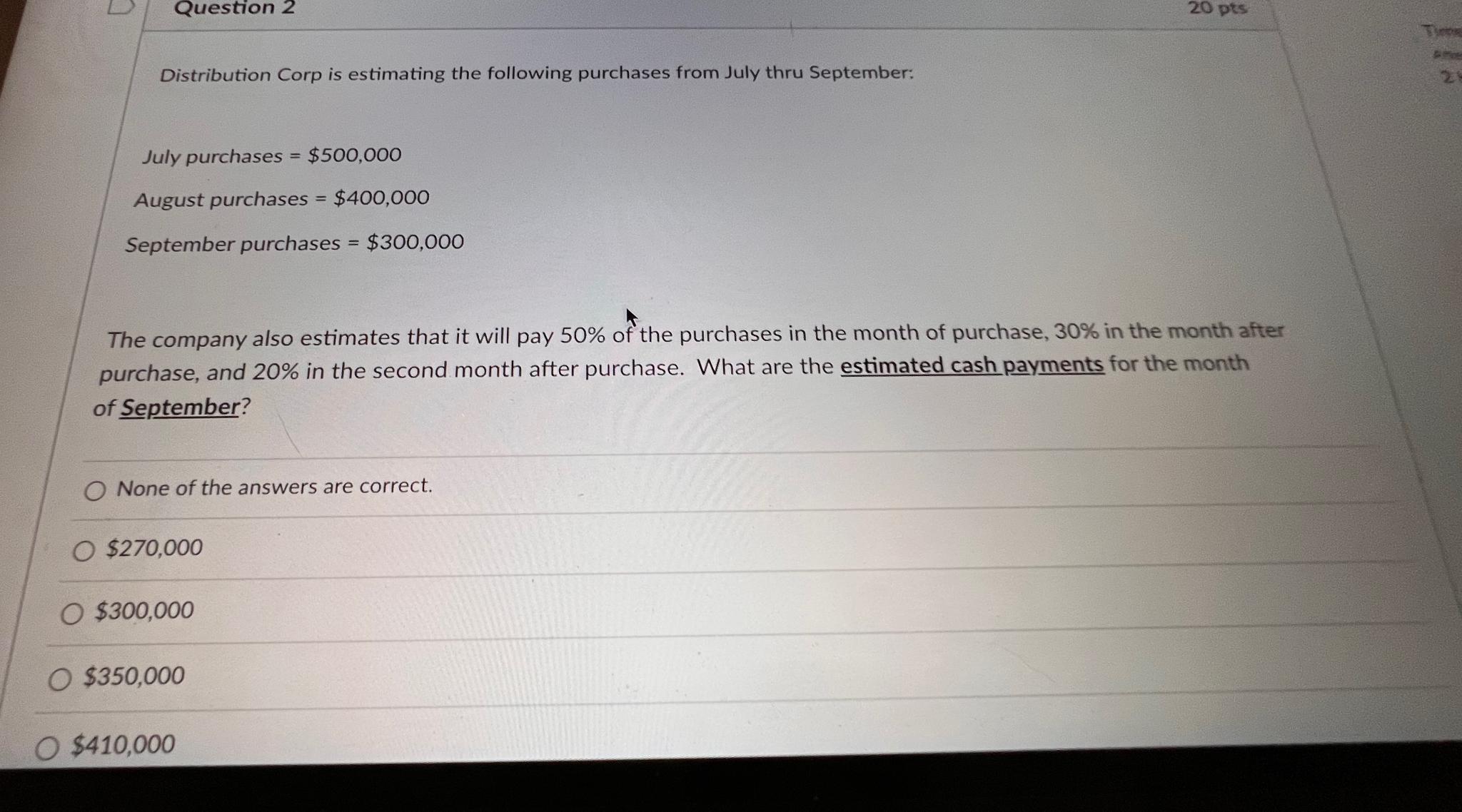  Question 2 Distribution Corp is estimating the following purchases from July
