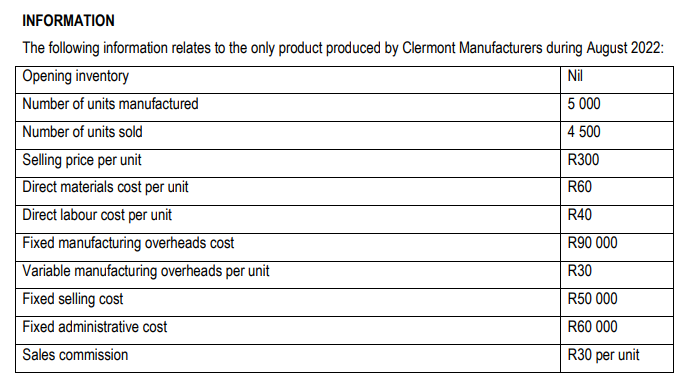 2.1 Prepare the Income Statement of Clermont Manufacturers for August 2022 using
