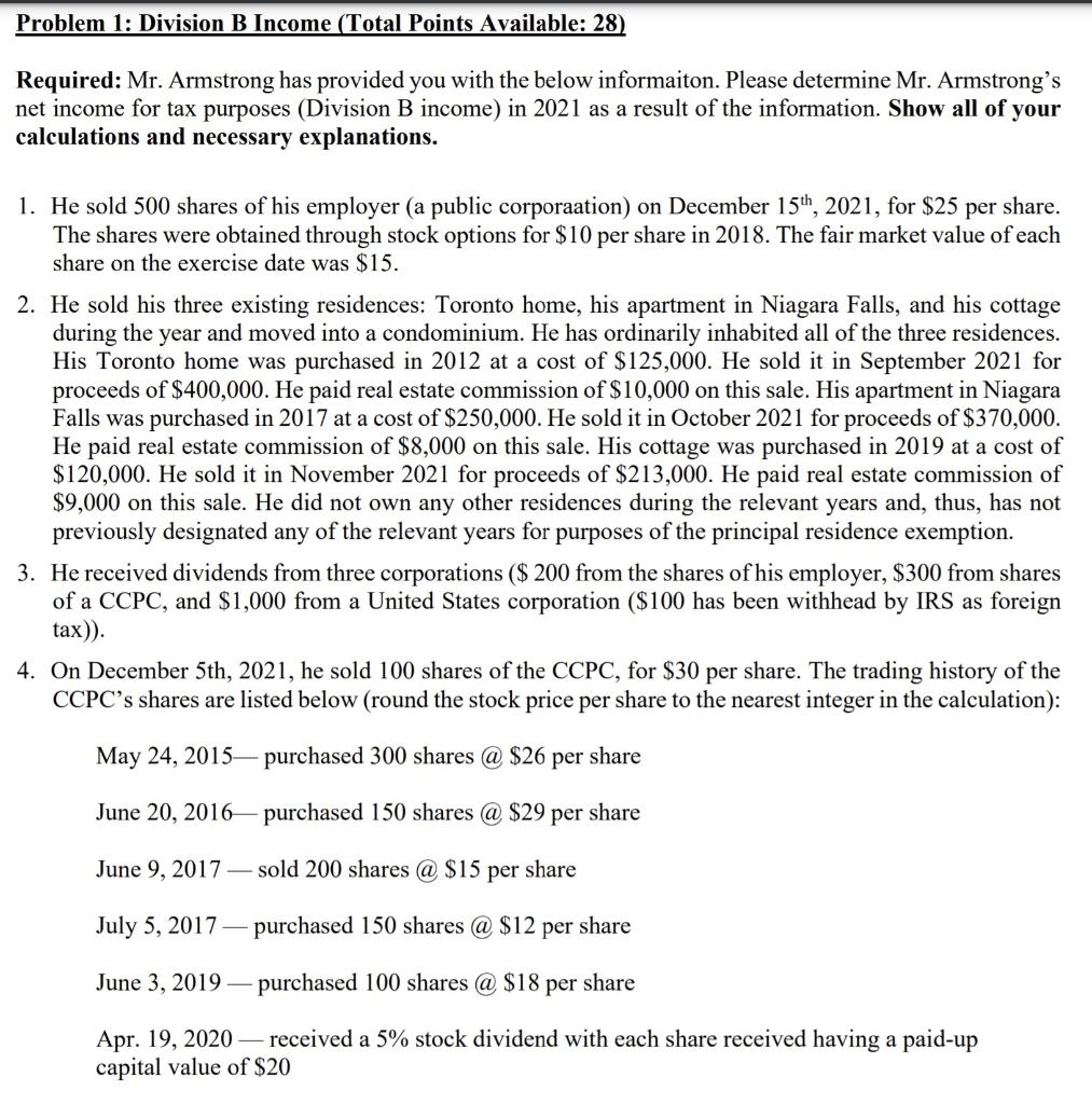 Problem 1: Division B Income (Total Points Available: 28) Required: Mr.