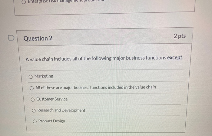  O Enterprise ris Question 2 2 pts A value chain includes