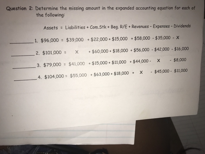  Question 2: Determine the missing amount in the expanded accounting equation